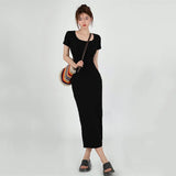 Stetnode 2024 Summer Bodycon Long Dress Women Korean Style Mid-Length Short Sleeve Dresses Woman Solid Streetwear Slim Vestidos