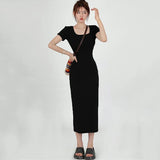 Stetnode 2024 Summer Bodycon Long Dress Women Korean Style Mid-Length Short Sleeve Dresses Woman Solid Streetwear Slim Vestidos