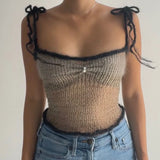 Stetnode Chic Women Vintage Mini Vest Kawaii Girl Knitted Tie-up Strap Crop Top Sexy Hollow Out Backless Camisole Y2K Retro Streetwear