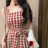 Stetnode French Chic Retro Design Waist Mid-length Red Plaid Straps Dress Women + Sweet Doll Collar Shirt Y2K Korean Fashion