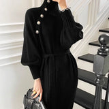 Stetnode Elegant Knitted Midi Dress Women Vintage Turtleneck Sweater One Piece Dresses Winter Korean Black Lace Up Chic Vestidos