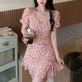 Stetnode Spring Outfit 1pc Sweet Fragment Floral Dress Shirr Sweet Ruffle Dress Puff Sleeve Girls Summer Short Dress Fashion Sexy Slim Mini Lace Dress