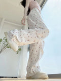 Stetnode American Casual White Flower Print Cargo Pants 2024 Autumn New High Waist  Y2k E-Girl Straight Wide Leg  Women