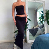 Stetnode 90s Vintage Backless Cropped Camis 2 Piece Set 00s Retro Y2K Lace Trim Strapless Tube Tops + Long Skirt Wrap Bodycon Streetwear