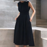 Stetnode Elegant Women Black Dress Korean Fashion Female Waist Midi Dress Hepburn Style Button A Line Sleeveless Dresses Summer New