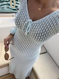 Stetnode Women's Long Slim Fit Dress Long Sleeve V Neck Tie Up Knitted Crochet Beach Dresses