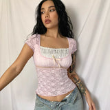 Stetnode Women Sweet Lace Floral Ruched T-shirt Square Collar Short Sleeve Slim-fit Crop Top Y2K Aesthetic Fairy Grunge Tees Streetwear