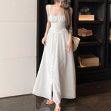 Stetnode Korean Lace Splicing Pleated Elegant Sling Dress Women 2024 Summer New Off-shoulder Sexy Single-breasted Mid-length Dress