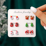 Stetnode 6 Pairs/Set Christmas Stud Earring For Women Cute Cartoon Resin Snowflake Santa Claus Elk Earrings Girl Party New Year Jewelry