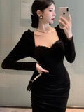 Stetnode Women's Sexy Black Dress New Fashion French Velvet Long Sleeve Wrap Hip Irregular Elegant Dresses Spring One Piece Vestidos Chic