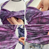 Stetnode Tie Dye Denim Print Pleated Mesh Camisole Women's Halter Tie Bow Halter Crop Top Cute Party Sweats Holiday Mini Vest Summer Tee