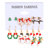 Stetnode 6 Pairs Christmas Set Trendy Xmas Tree Elk Snowman Santa Claus Earrings for Women New Design Holiday Jewelry Friendship Gift