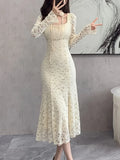 Stetnode 2024 Spring and Summer outfitElegant Chic Bodycon Lace Patchwork Mesh Midi Dresses for Women Autumn Winter New Vintage Slim Casual Party Female Clothing Robe