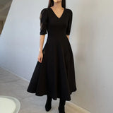 Stetnode Vintage French Style Puff Sleeve Fashion Black Wedding Maxi Dresses for Women Party V-Neck Evening Long Dress Elegant Summer New