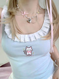 Stetnode Kawaii Cat Embroidery Tank Tops Women Coquette Aesthetic Cute Crop Tops Harajuku Y2k Sweet Girl White Halter Top Summer