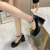 Stetnode Elegant Pumps Women High Heels Shoes Black Leather Mary Janes Square Toe String Bead Decorate Shoes Office Retro Thick Heel Shoe