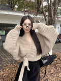 Stetnode Vintage Lazy Cross Knitted Tops Mujer 2024 Autumn New V-neck Lace Up Cardigan Y2k Long Sleeve Slim Fit Sweaters Coat Women