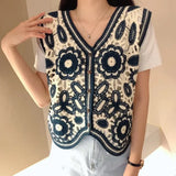 Stetnode Crochet Vest Women's Floral Embroidery Open Knit Button Front Crop Tank Top Summer Fairycore Cottagecore Granny Teengirl Outfit