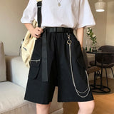 Stetnode Harajuku Chain Cargo Shorts Women 2024 Summer Big Pockets Wide Leg Shorts Woman Black High Waist Streetwear Shorts Female