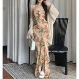 Stetnode 2024 Spring New Korean Floral Print Ruffled Elegant Sling Dress Women + Loose Casual Long-sleeved Cardigan Two-piece Suit