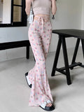 Stetnode Sweet Floral Print Casual Pants for Women Sumemr Slim Fit Ruffles Flare  Y2k E-Girl High Waist Loose Wide Leg