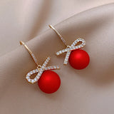 Stetnode New Style Temperament Red Color Christmas Bow Stud Earrings for Women Rhinestone Bowknot Red Ball Earring Girls Party Jewelry