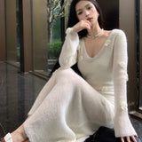 Stetnode 2024 Autumn New Korean V-neck 3D Flower Sexy Slim Elegant Knitted Long-sleeved Dress Women + White Sling Dress Two-piece Suit