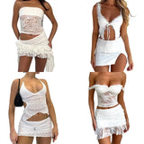 Stetnode 2 Piece Co-ord Outfits Strapless Bandeau Tube Top + Mini Skirt Y2K Vintage Fairycore Mesh Sheer Matching Set Women Streetwear