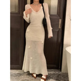 Stetnode 2024 Autumn New Korean V-neck 3D Flower Sexy Slim Elegant Knitted Long-sleeved Dress Women + White Sling Dress Two-piece Suit