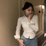 Stetnode 2024 Sexy Slim Fit White Shirt Women Korean Fashion Turn Down Collar Folds Crop Tops Woman Long Sleeve Y2K Blouse Female