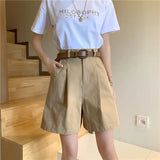 Stetnode Pure Cotton Suit Shorts Women Fashion Belt Black Wide Leg Shorts 3Xl Summer Ladies Korean Elegant White Baggy Short Pants