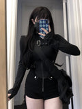 Stetnode 2024 Summer New Slim Fit Zipper Long Sleeve Black Tops Women+ Drawstring Ruched High Waist Shorts Y2k E-Girl Two Piece Sets