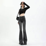 Stetnode Gray Flared Jeans Women's Spring Autumn High-waisted Slim-fit Pants Retro Y2K Street Female Denim Trousers