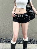 Stetnode Oversize Vintage Low-waisted Black Denim Shorts Y2k Grunge High Waist A-line Short Pants 2025 Summer New Jeans for Women