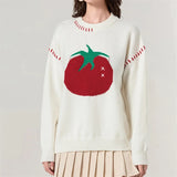 Stetnode Women Y2K Tomato Printed Pullover Sweater Top Oversized Fruit Graphic Long Sleeve Crew Neck Knit Sweater Fall Streetwear