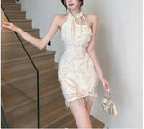 Stetnode Spring Outfit Retro Beige Elegant Backless Tassel Sexy Halter Chinese Style Cheongsam Mini Dress Women Bride Wedding Banquet Gown Dress Summer