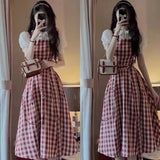 Stetnode French Chic Retro Design Waist Mid-length Red Plaid Straps Dress Women + Sweet Doll Collar Shirt Y2K Korean Fashion