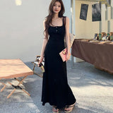 Stetnode Sexy Sleeveless Slim Long Dress Women Summer Button Decorate Square Collar Dresses Woman Korean Fashion Elastic Bodycon Dress