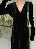 Stetnode Women's Vintage Velvet Black Long Dress Elegant V-Neck A-Line Dresses Casual Chic Prom Party Robe Winter Fashion New