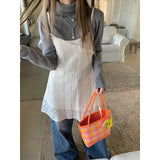 Stetnode 2024 Spring New Korean Hollow Loose Casual Asymmetric Lace Sling Dress Women + Solid Color Long-sleeved T-shirt Two-piece Suit