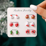 Stetnode 6 Pairs/Set Christmas Stud Earring For Women Cute Cartoon Resin Snowflake Santa Claus Elk Earrings Girl Party New Year Jewelry