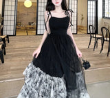 Stetnode Spring Outfit Black Suspender Dress for Women Summer Slim Waist Retro Long French Ruffle Hem Dress Evening Party Sundress M-4XL