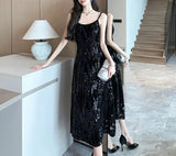 Stetnode Elegant Black Sleeveless Sequins Midi Dresses for Women Spring Autumn Sexy Prom Evening Wedding Party Velvet Female Clothing New