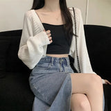 Stetnode Sunscreen Crop Knit Cardigan Women Korean Style Solid Color Thin Cardigan Coat Woman Simple Long Sleeve Smock Top Ladies