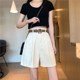 Stetnode Pure Cotton Suit Shorts Women Fashion Belt Black Wide Leg Shorts 3Xl Summer Ladies Korean Elegant White Baggy Short Pants