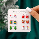 Stetnode 6 Pairs/Set Christmas Stud Earring For Women Cute Cartoon Resin Snowflake Santa Claus Elk Earrings Girl Party New Year Jewelry