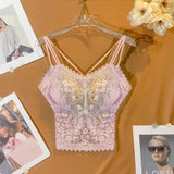 Stetnode Women Clothing Heavy Beading Floral Tank Sexy Crop Tops Ropa Mujer Lace Butterfly Top Navel Baring Sexy Cropped Top Summer Camis