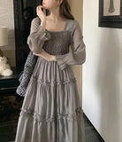 Stetnode Spring Outfit Spring Autumn Vintage Gray Elegant Square Neck Ruffles Pleated Dress Women Long Sleeve Holiday Party Long Dress Robe Popular New