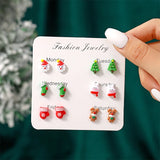 Stetnode 6 Pairs/Set Christmas Stud Earring For Women Cute Cartoon Resin Snowflake Santa Claus Elk Earrings Girl Party New Year Jewelry