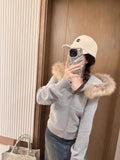 Stetnode American Retro Fur Collar Hooded Cardigan Coat Women Spring Autumn New Slim Fit Zipper Jackets Y2k Long Sleeve Sweatshirts